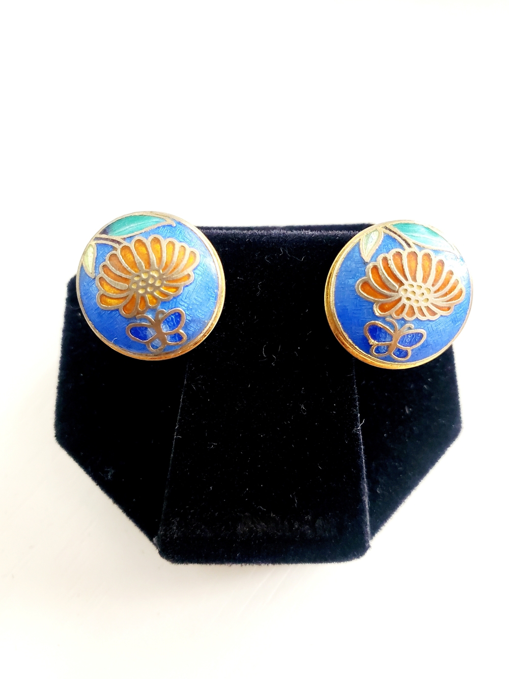 Gold-Tone Blue Floral Cloisonné Enamel Earrings- 1970